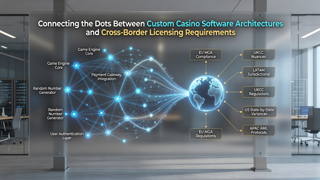 Darstellung von Datenflüssen zwischen Casino-Software und internationalen Lizenzbehörden