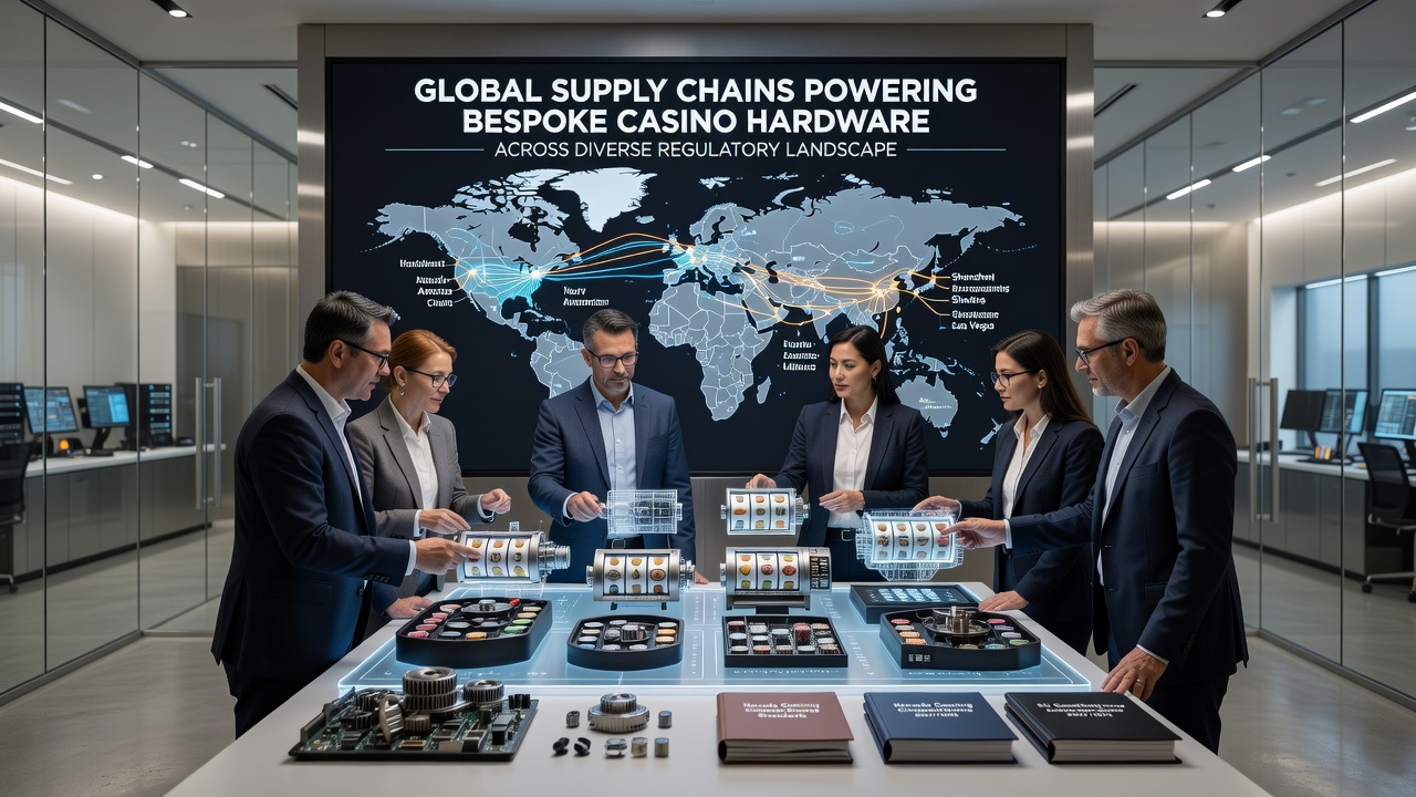 Transport und Lagerung von Casino-Geräten mit Zertifizierungslabels in einem internationalen Logistikzentrum