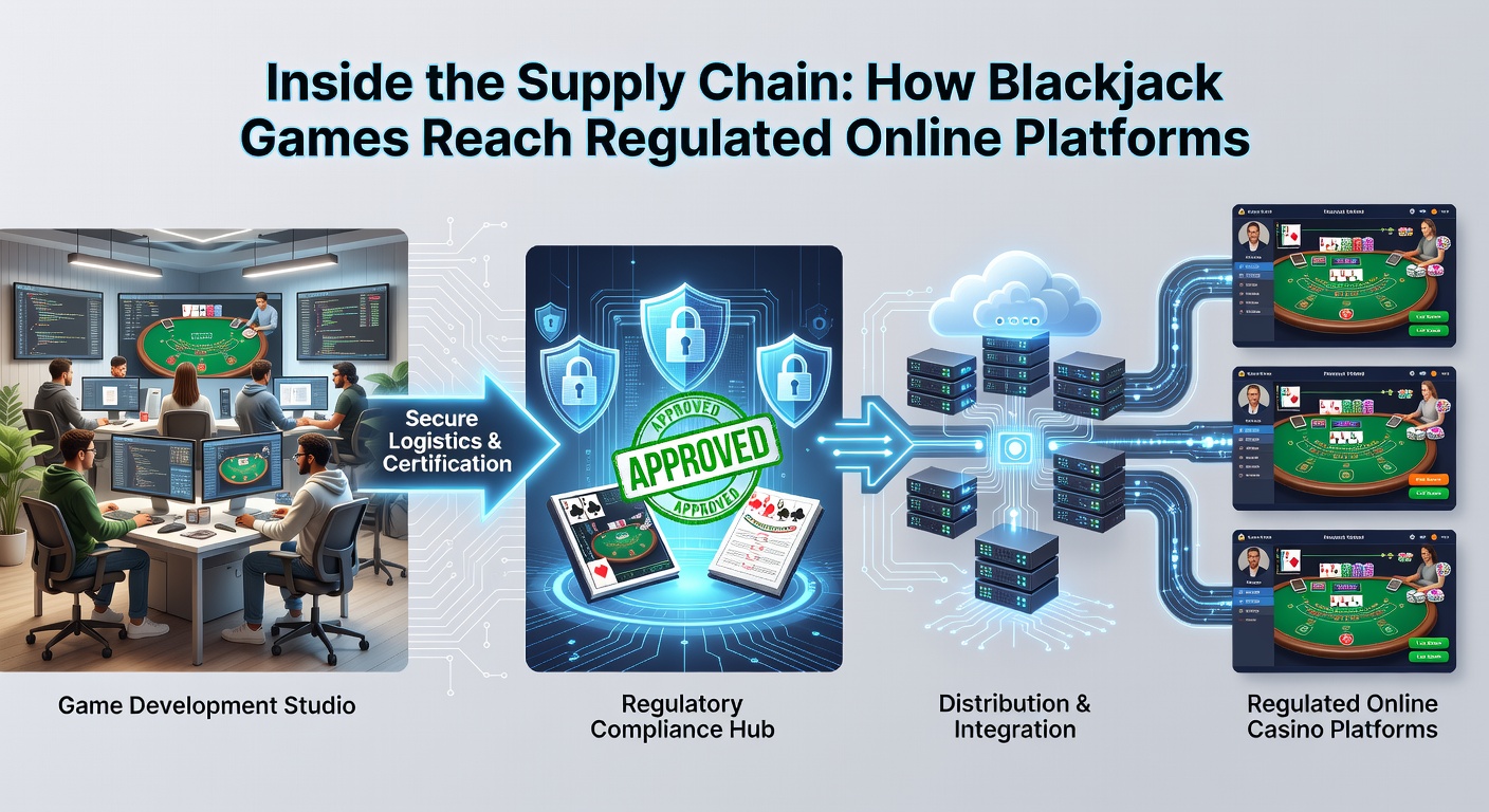 Supply chain illustration showing the path of blackjack games from development to regulated platforms
