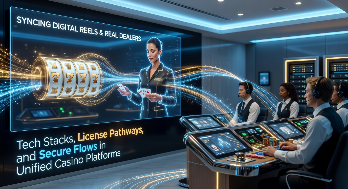 Grafische Darstellung einer synchronisierten Casino-Plattform mit digitalen Slots und Live-Dealern in Echtzeit-Integration