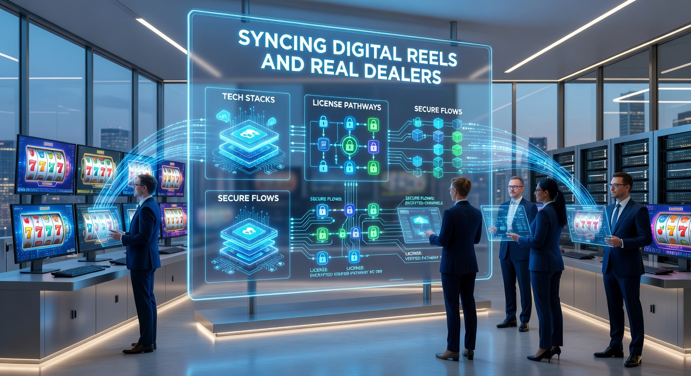 Detaillierte Infografik zu Tech-Stacks und Lizenzpfaden in hybriden Casino-Umgebungen mit Fokus auf sichere Datenflüsse