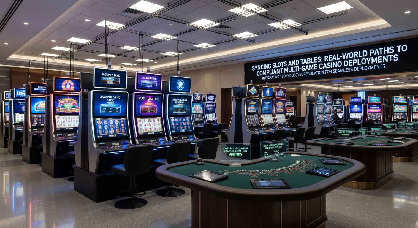 Darstellung synchronisierter Spielautomaten und Tischspiele in einem modernen Casino-Setup