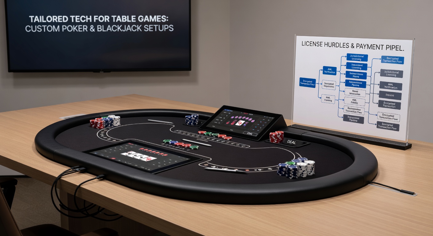 Detaillierte Ansicht einer Zahlungskonsole an einem Blackjack-Tisch mit Bildschirmen für Transaktionen und Sicherheitsfeatures