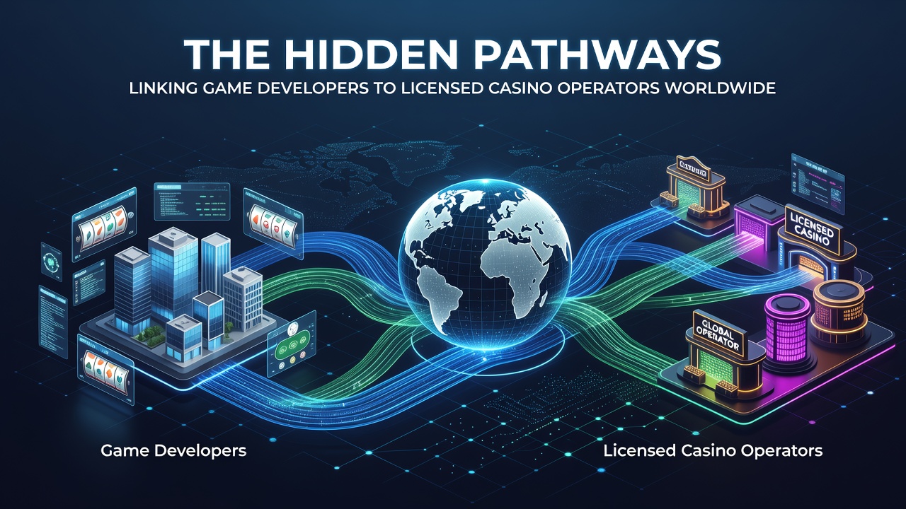 Illustration der globalen Verbindungen zwischen Game-Entwicklern und Casino-Operatoren mit Netzwerk-Linien auf einer Weltkarte