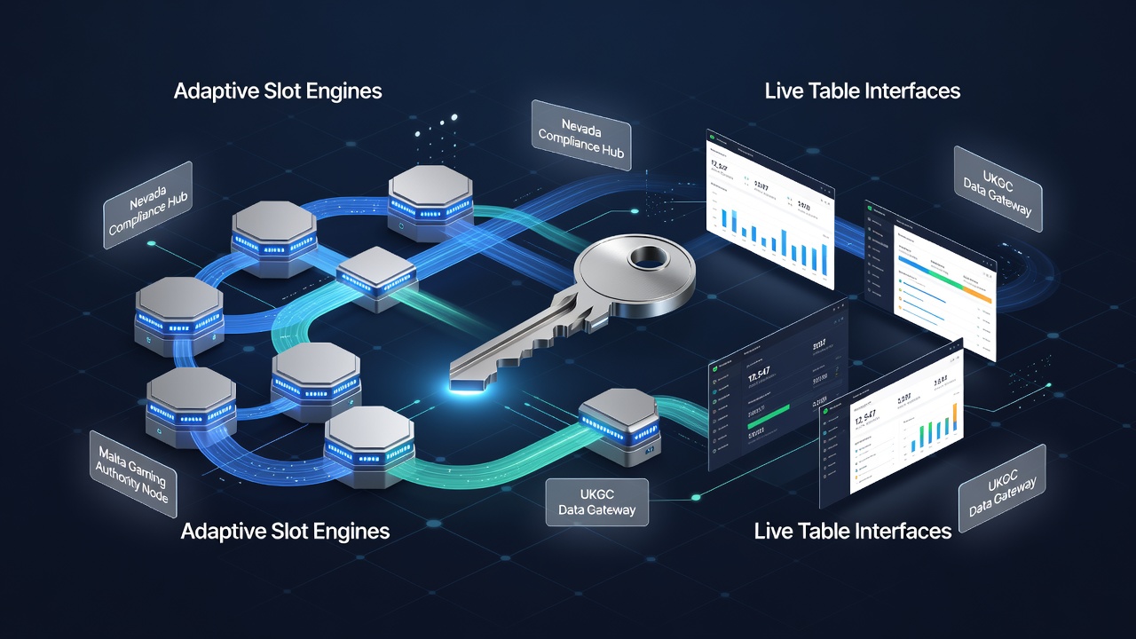 Technische Darstellung vernetzter Slot- und Live-Tisch-Systeme mit Datenflüssen in regulierten Märkten